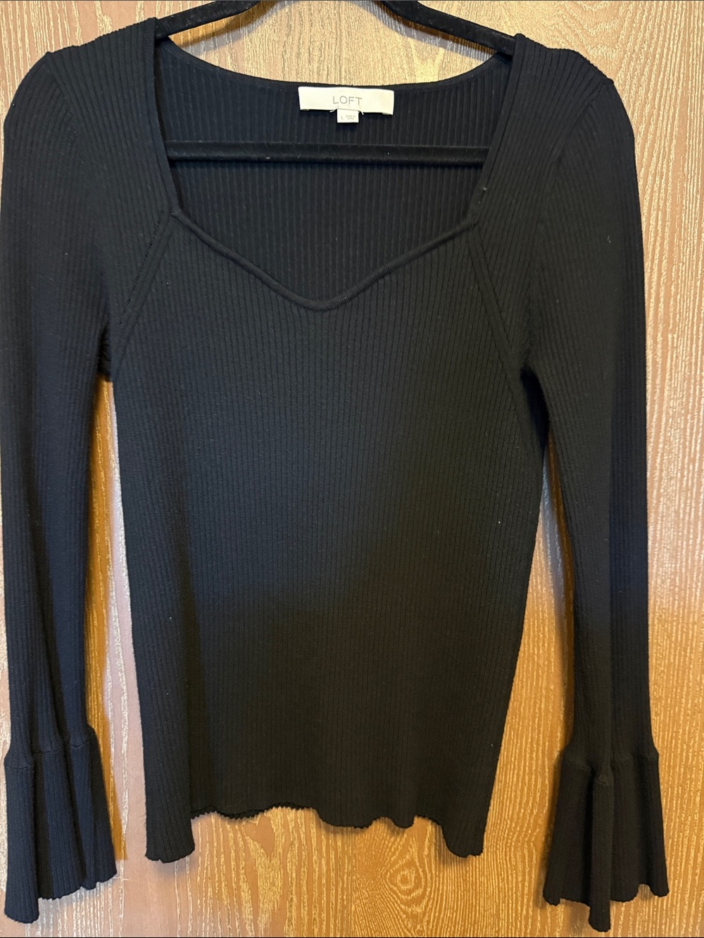 LOFT Black Ribbed V-Neck Sweater with Fluted Cuffs
